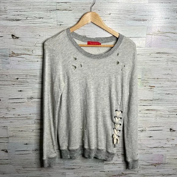 n:PHILANTHROPY Gray  distressed lace up Slouchy Sweatshirt sweater size small - Picture 1 of 9